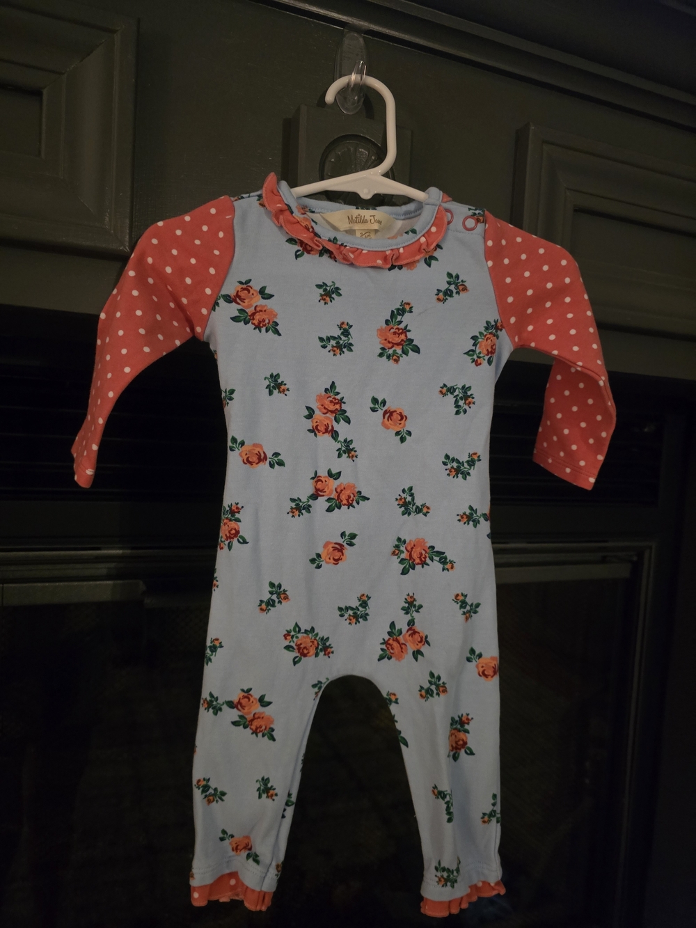 Matilda Jane Blue Floral One-Piece with Coral Polka-Dot Sleeves